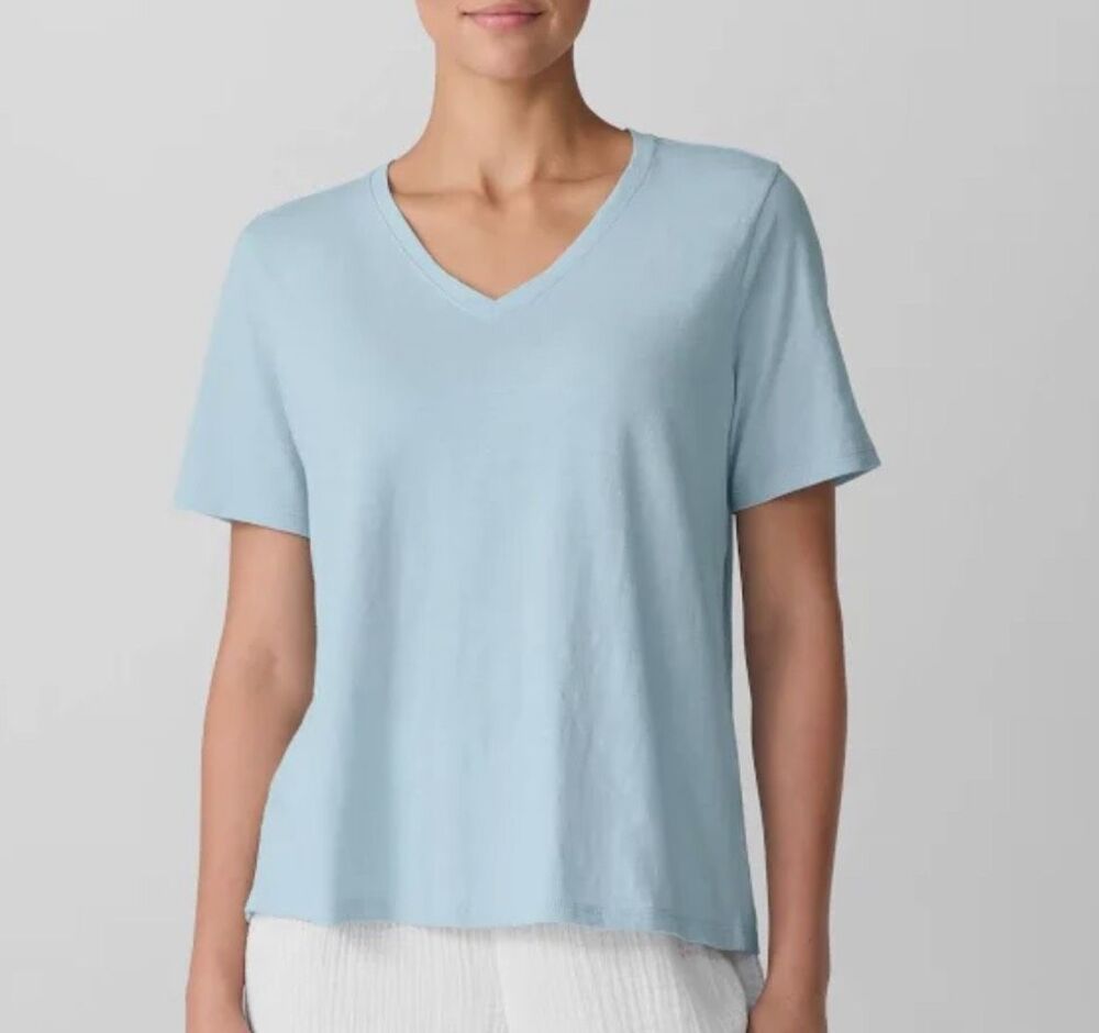 Eileen Fisher Organic Cotton Slub V-Neck Tee Short Sleeve Womens XXS NEW